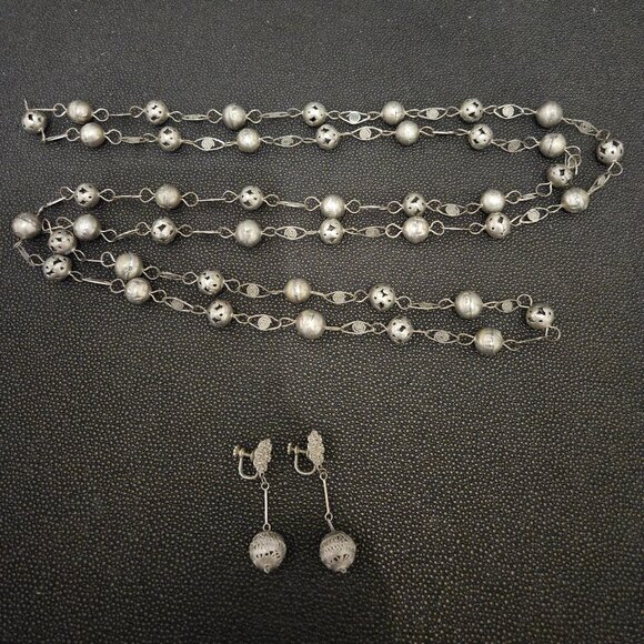 CANNETILLE FILIGREE BALL & LASSO WEDDING NECKLACE WITH MATCHING CLIP-ON EARRINGS - Picture 3 of 13